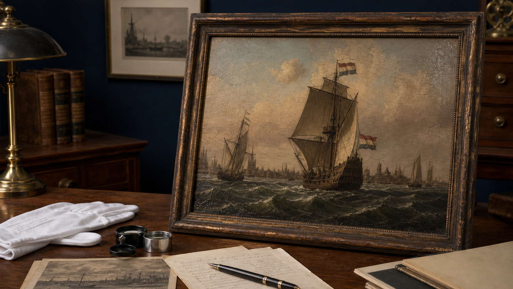 Marine painting reference image used for documenting ship-scene subject matter, medium, condition, and provenance records