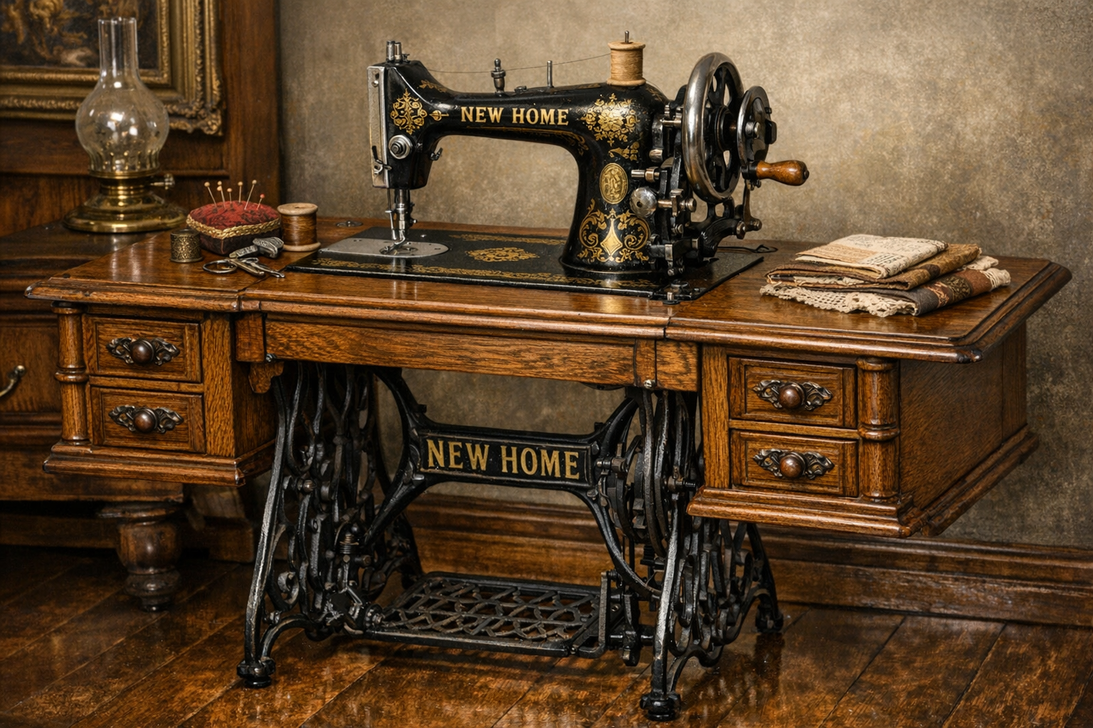 Generated reference image for documenting an antique New Home sewing machine, decals, cabinet, serial number, and accessories