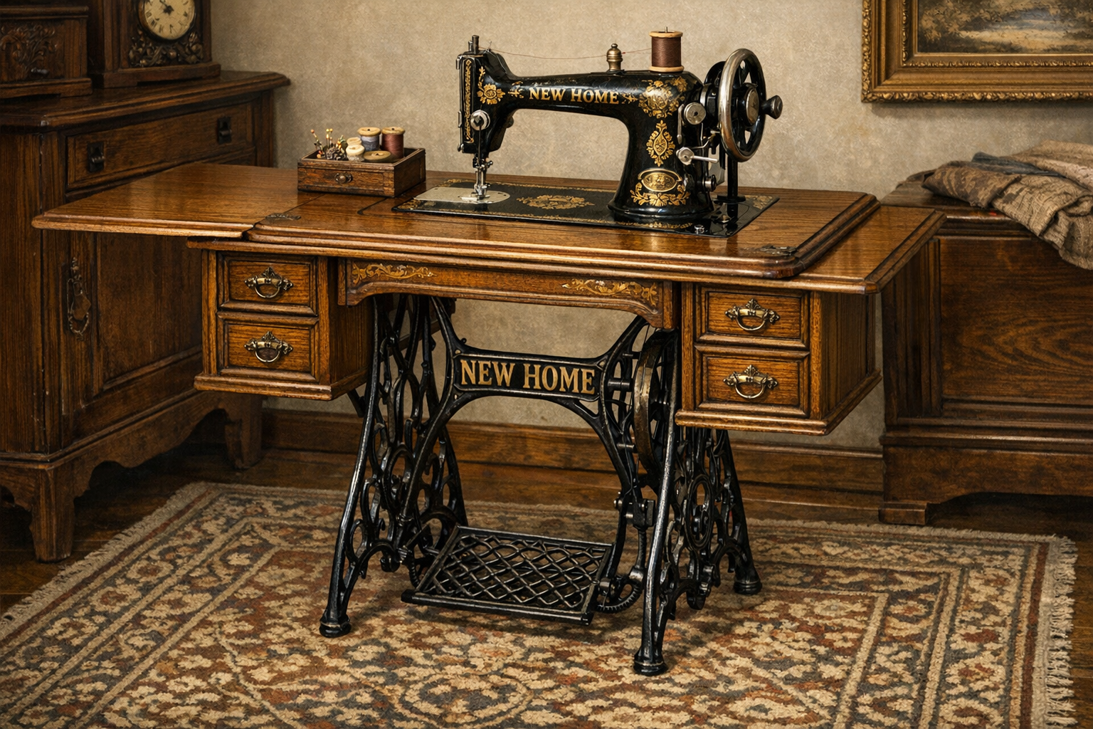 Generated reference image for documenting an ornate antique New Home sewing machine, decals, cabinet, and condition