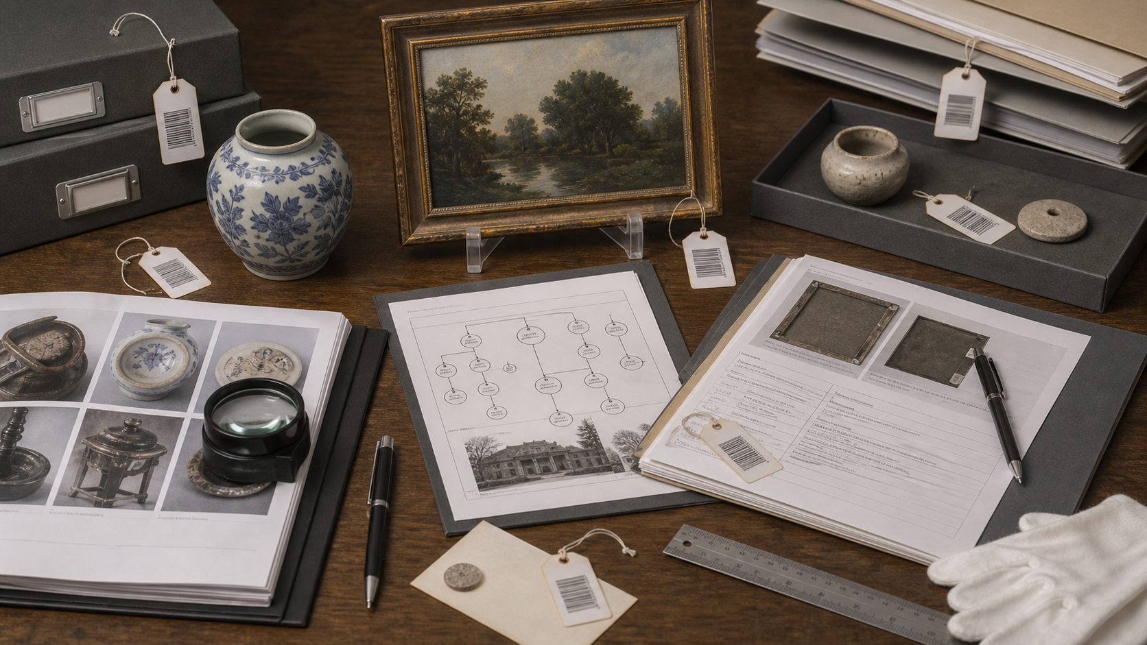 Archival object record desk with ID tags, provenance documents, material notes, condition photos, ruler, and loupe.