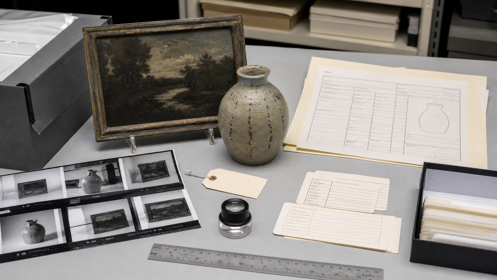 Archival appraisal table with a painting, ceramic object, inventory cards, condition report folder, ruler, and loupe