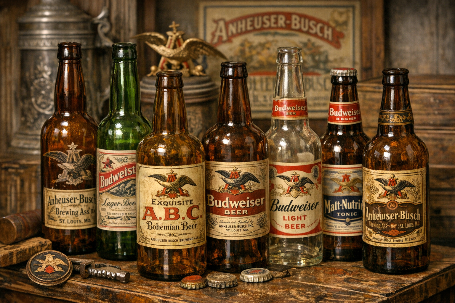 Generated reference image for documenting old Anheuser-Busch bottles, embossing, labels, glass color, base marks, and condition