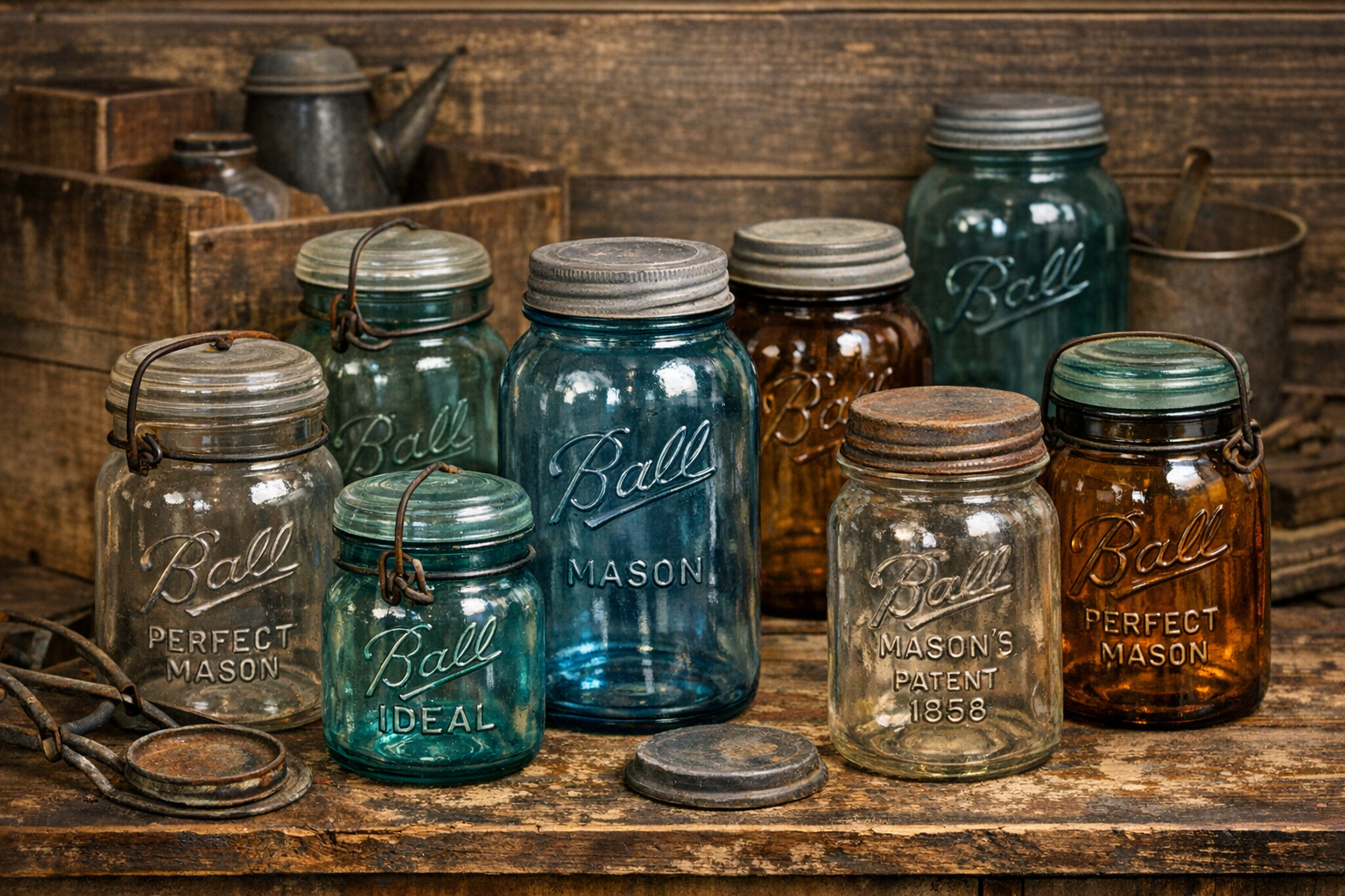Generated reference image for documenting old Ball canning jars, logo style, closures, glass color, base marks, and condition