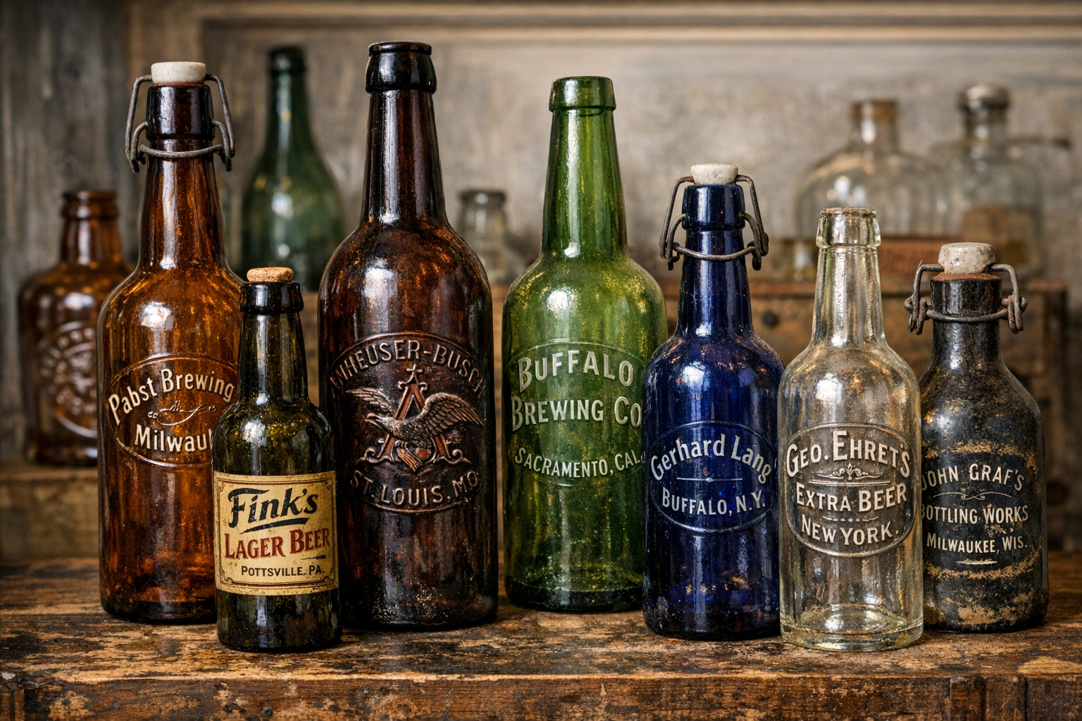 Generated reference image for documenting old beer bottles, embossing, labels, base marks, glass color, closures, and condition