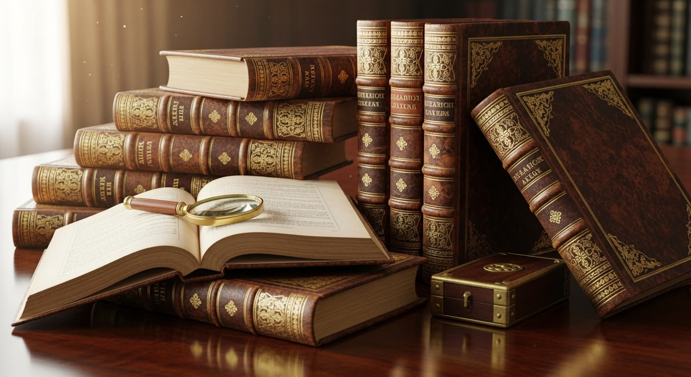 Reference photo for documenting old book value factors including bindings, edition pages, dust jackets, condition, and collection context