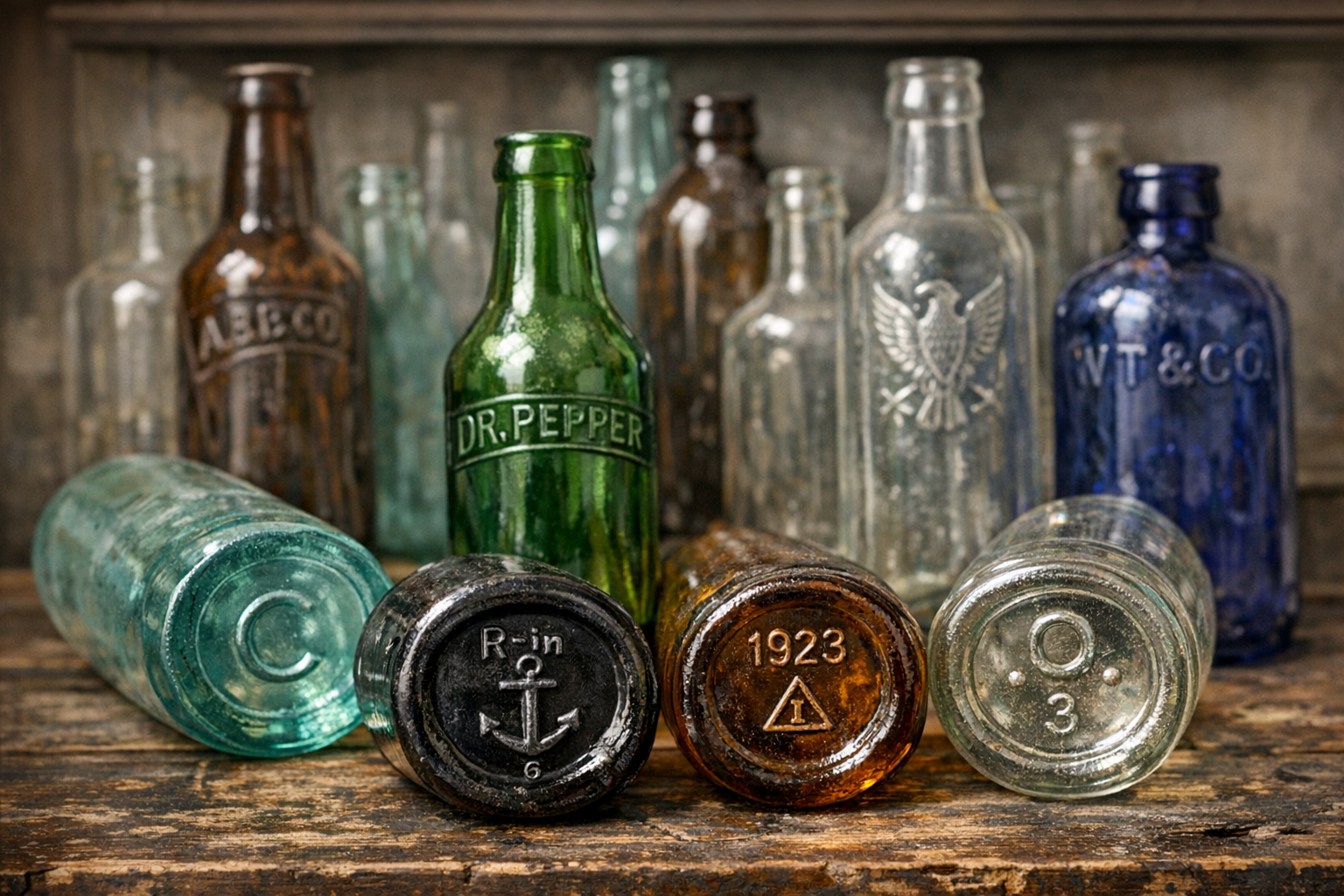Generated reference image for documenting old bottle identification marks, base numbers, maker logos, embossing, color, seams, and condition