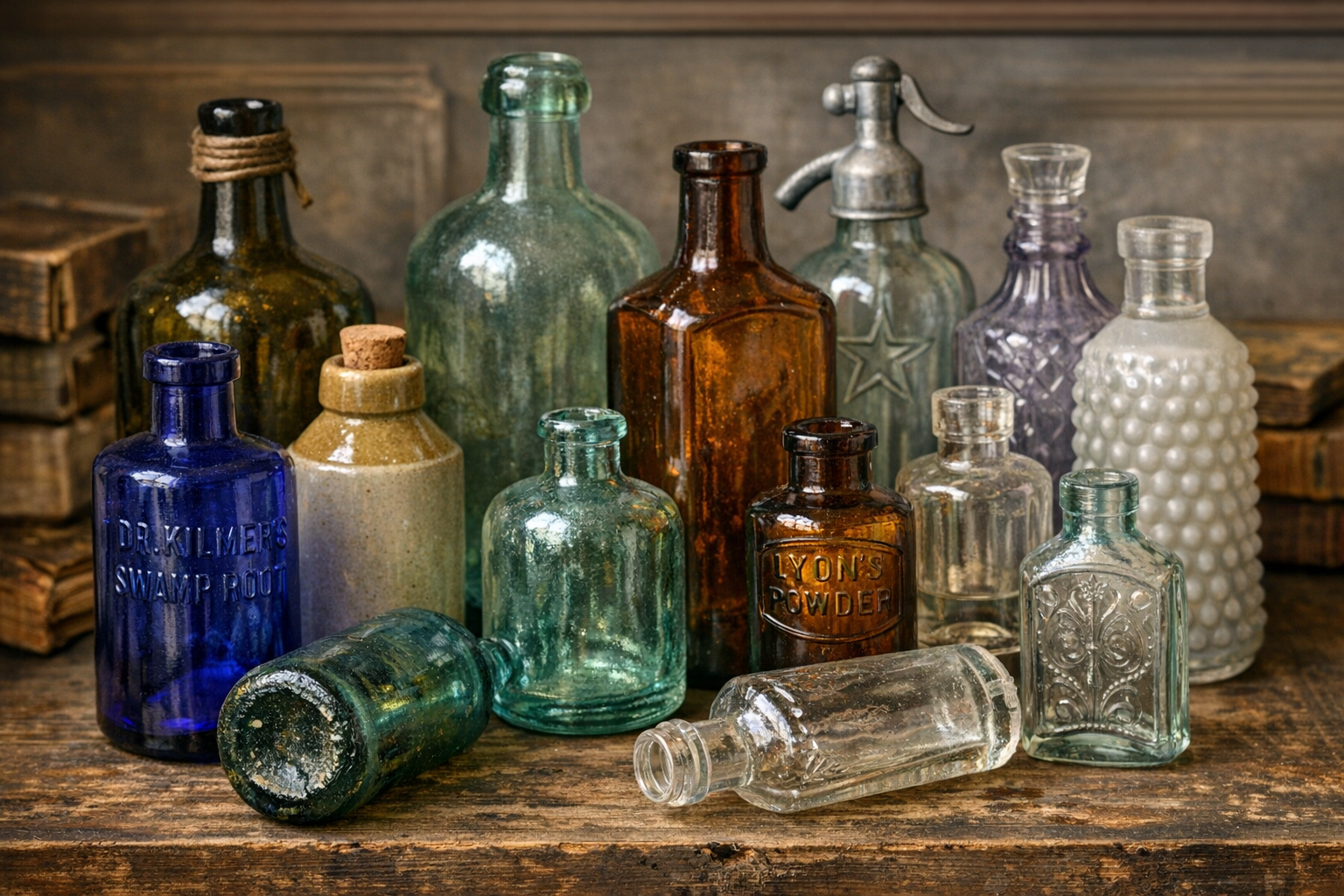 Generated reference image for documenting old bottle identification clues including seams, pontil marks, base logos, embossing, color, and condition