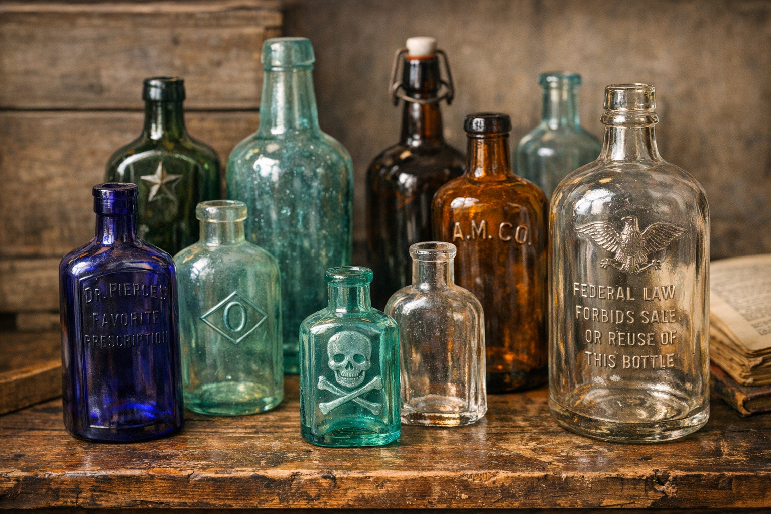 Generated reference image for using old bottle identifier clues including base marks, seams, lip finish, embossing, shape, color, and condition