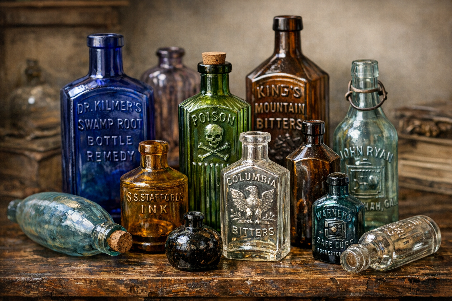Generated reference image for documenting old bottle values, including glass color, shape, embossing, labels, base marks, and condition