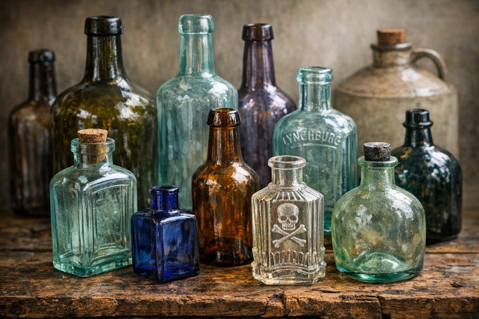 Generated reference image for documenting old bottles identification clues including base marks, seams, embossing, color, shape, and condition