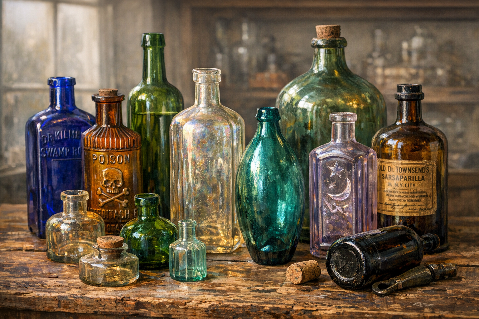Generated reference image for documenting old bottles value factors including color, rarity, embossing, labels, type, and condition