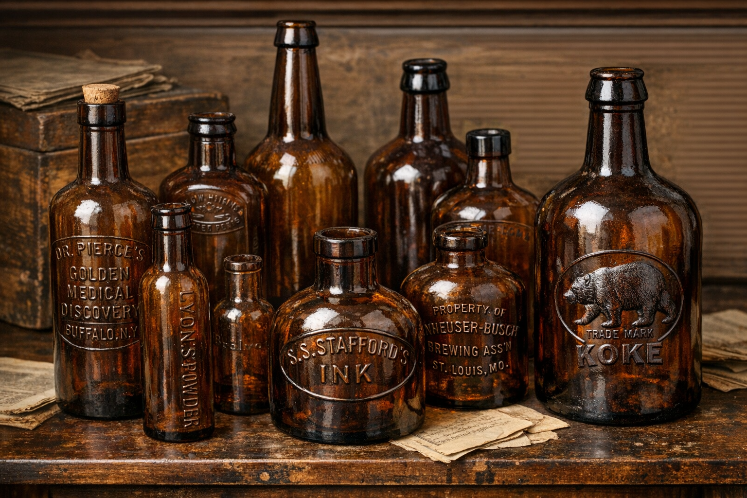 Generated reference image for documenting old brown bottle identification clues including amber glass tone, base marks, seams, embossing, labels, and condition