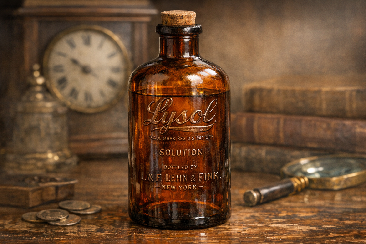 Generated reference image for documenting old brown Lysol bottle value factors including embossing, amber glass, label remains, base marks, size, and condition