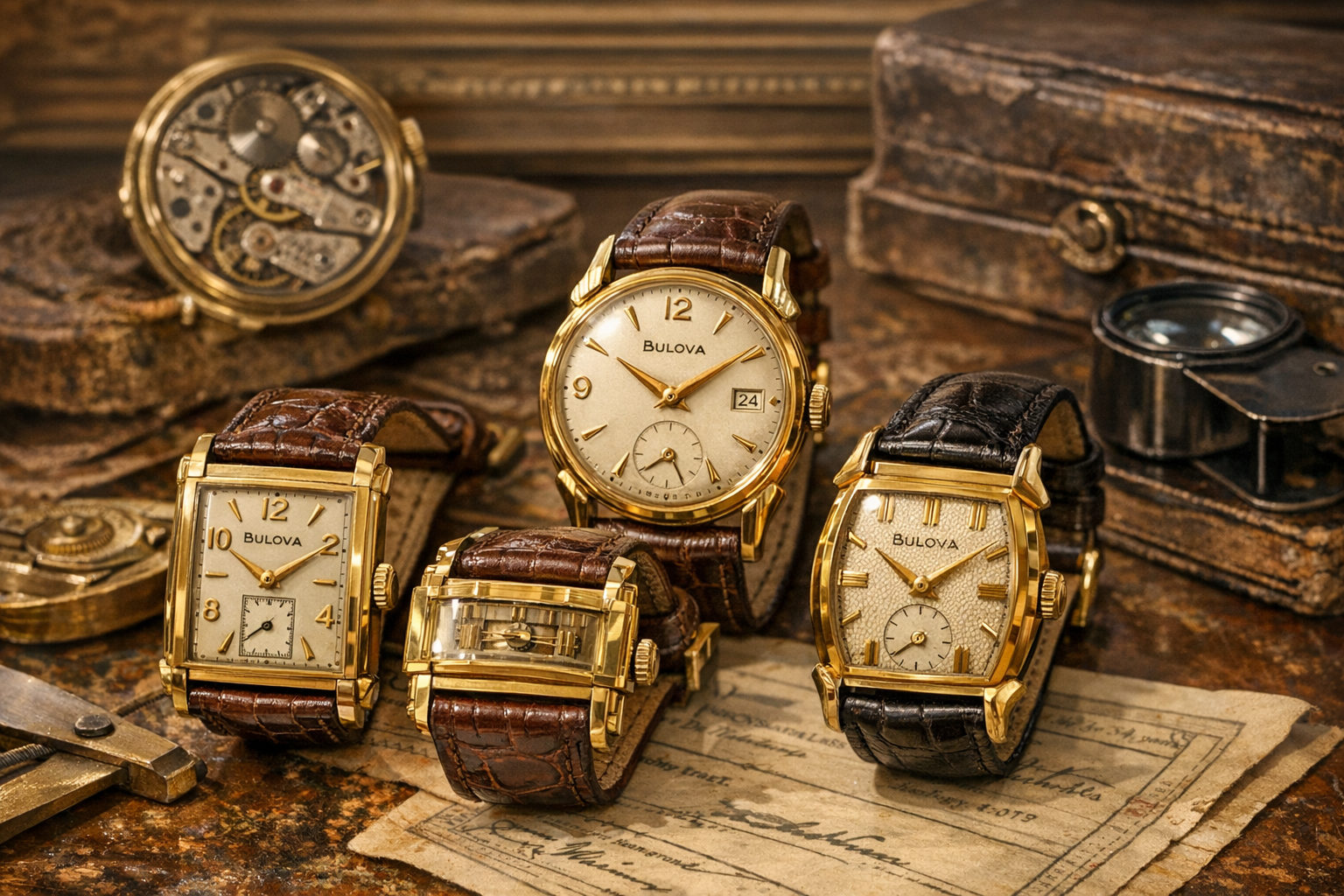 Generated reference image for documenting old Bulova watches value factors including model, dial, case, movement, bracelet, markings, and condition