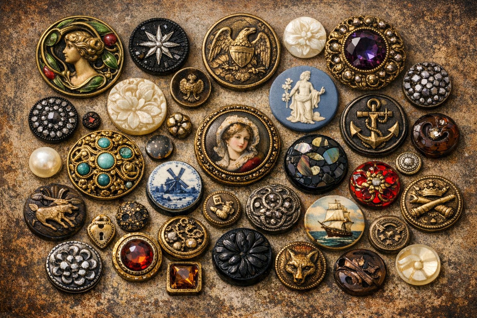 Generated reference image for documenting old button identification clues including material, shank style, backmarks, motifs, size, and condition