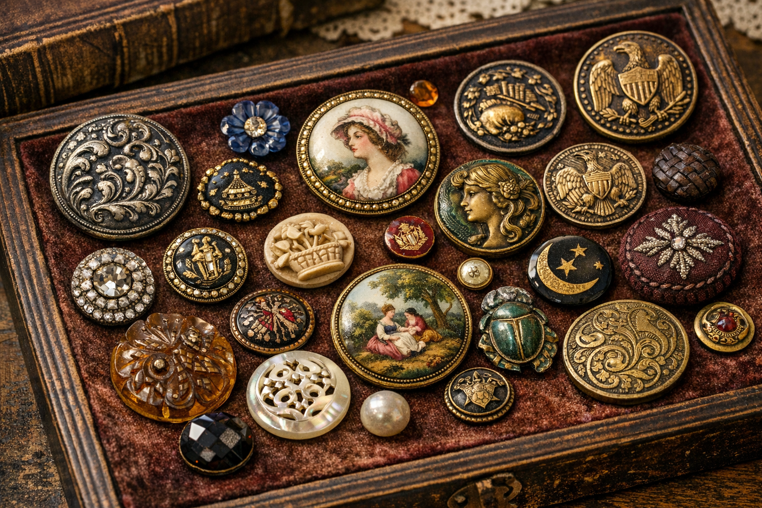Generated reference image for documenting old button value factors including material, backmarks, shank style, motif, rarity, sets, and condition