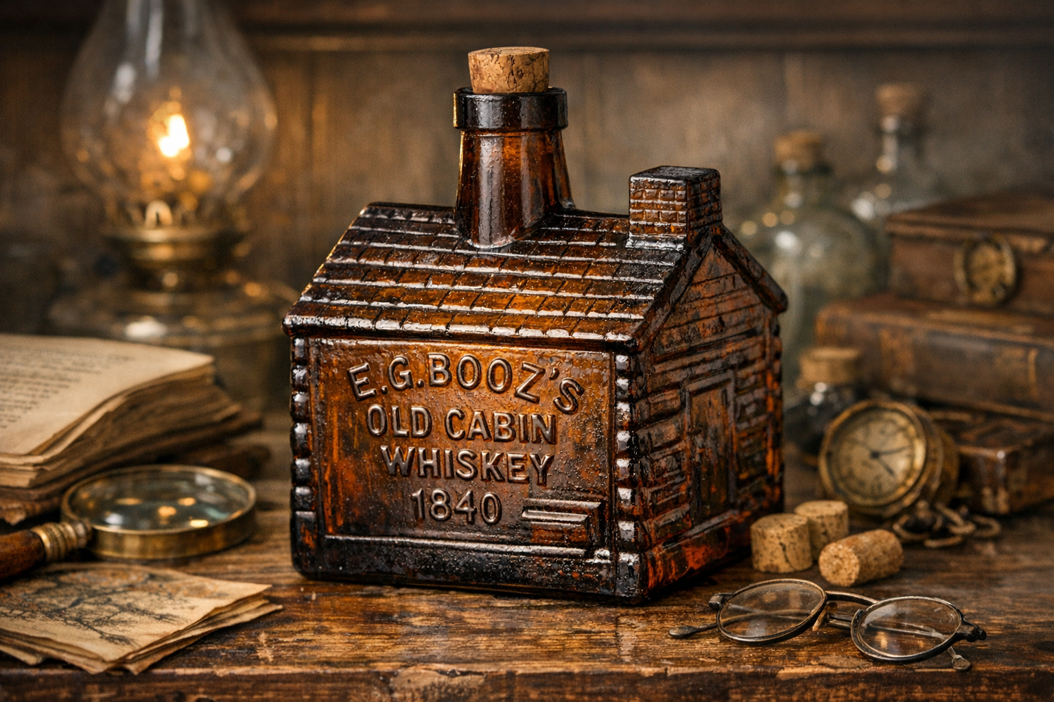 Generated reference image for documenting Old Cabin whiskey bottle value factors including embossing, glass color, seams, base marks, reproduction clues, and condition