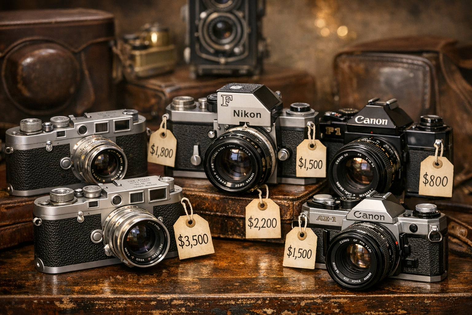Generated reference image for documenting old camera value factors including brand, model, lens, shutter, film format, accessories, and condition