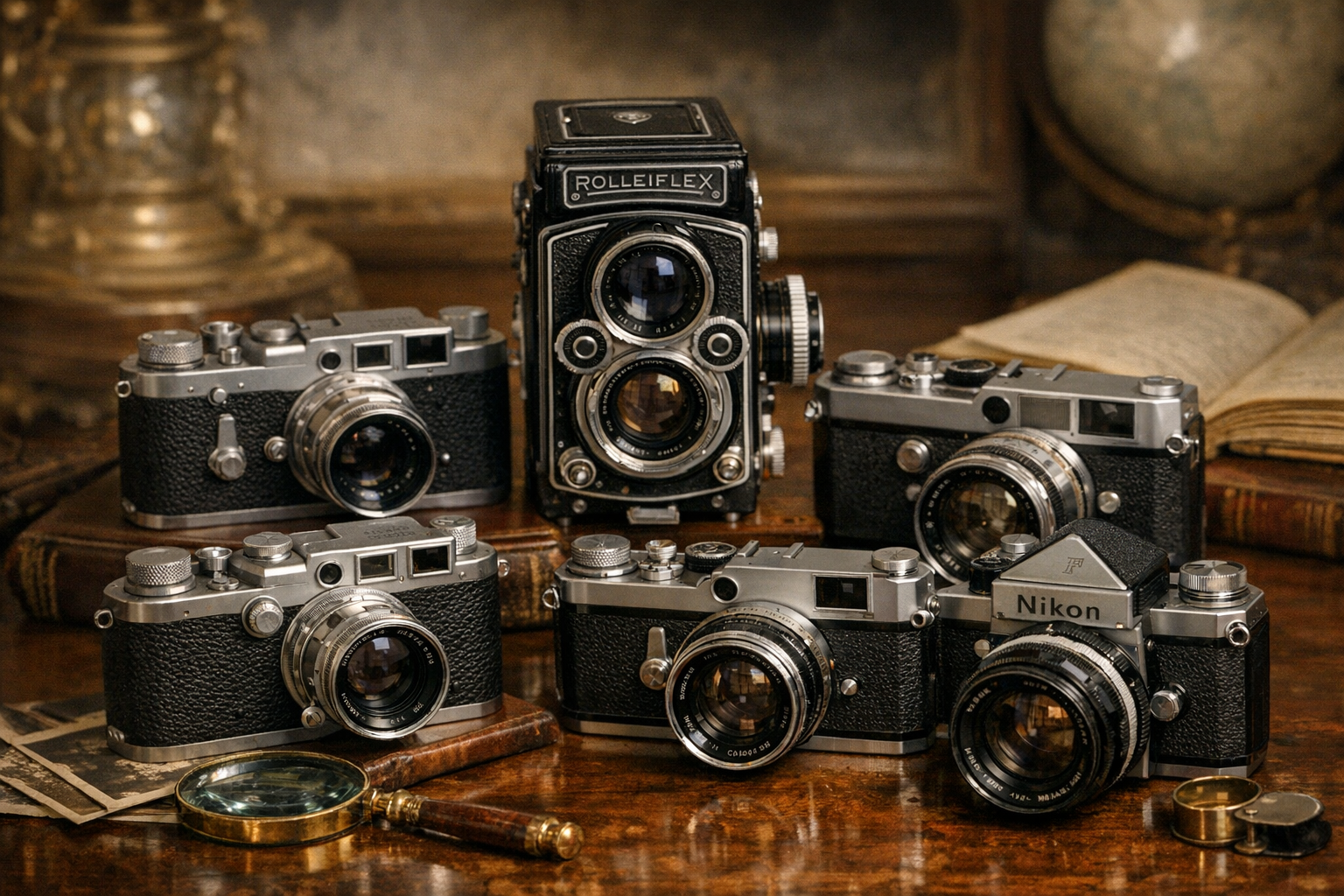 Generated reference image for documenting old camera values including makers, models, lenses, serial numbers, film formats, accessories, and condition