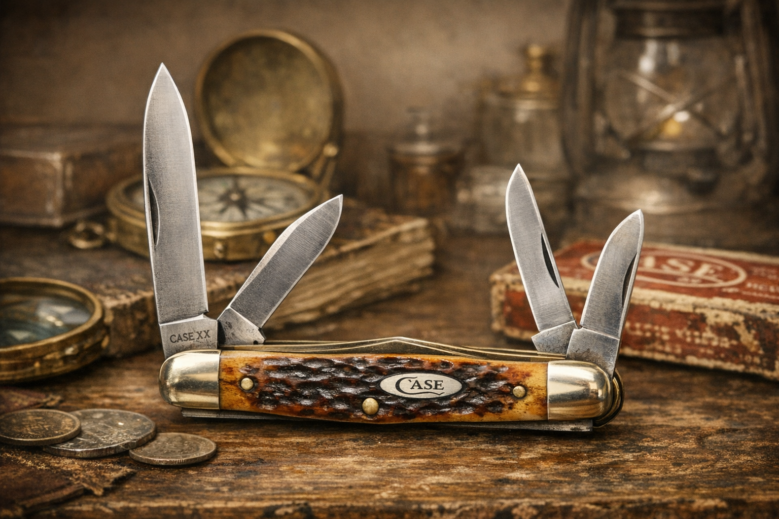 Generated reference image for documenting old Case XX pocket knife value factors including tang stamp, pattern number, handle material, blade wear, and condition