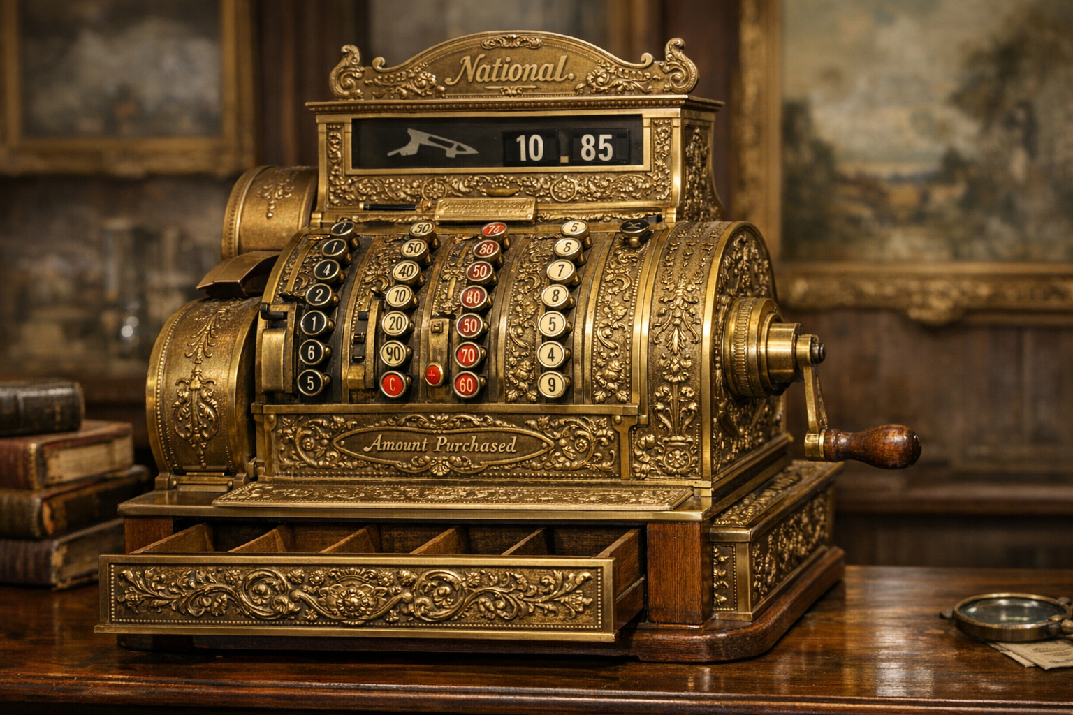 Generated reference image for documenting old cash register value factors including maker, model, serial plate, keys, drawer, finish, mechanism, and condition