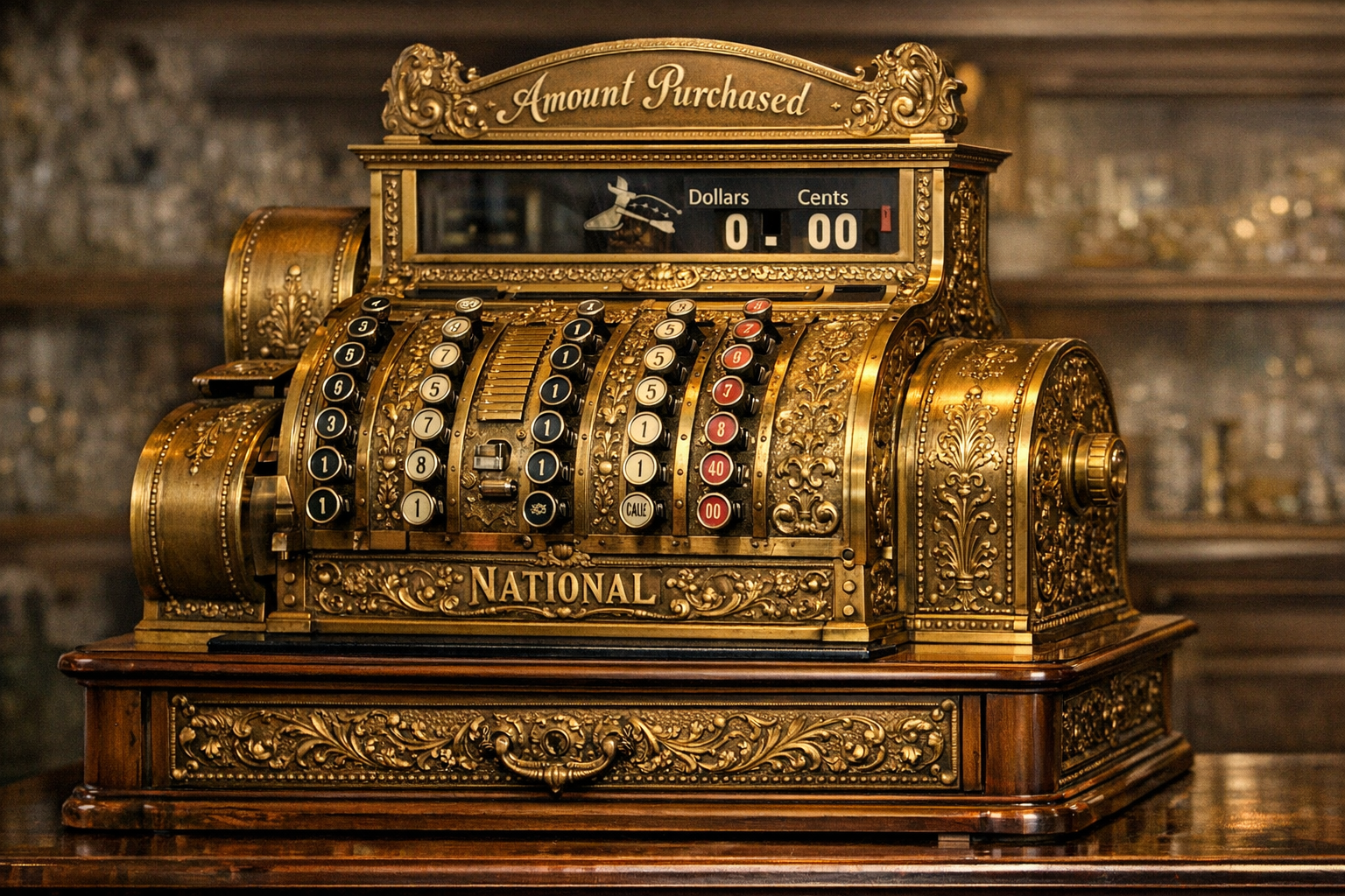 Generated reference image for documenting old cash registers value factors including National models, serial plates, brass finish, keys, drawers, and condition