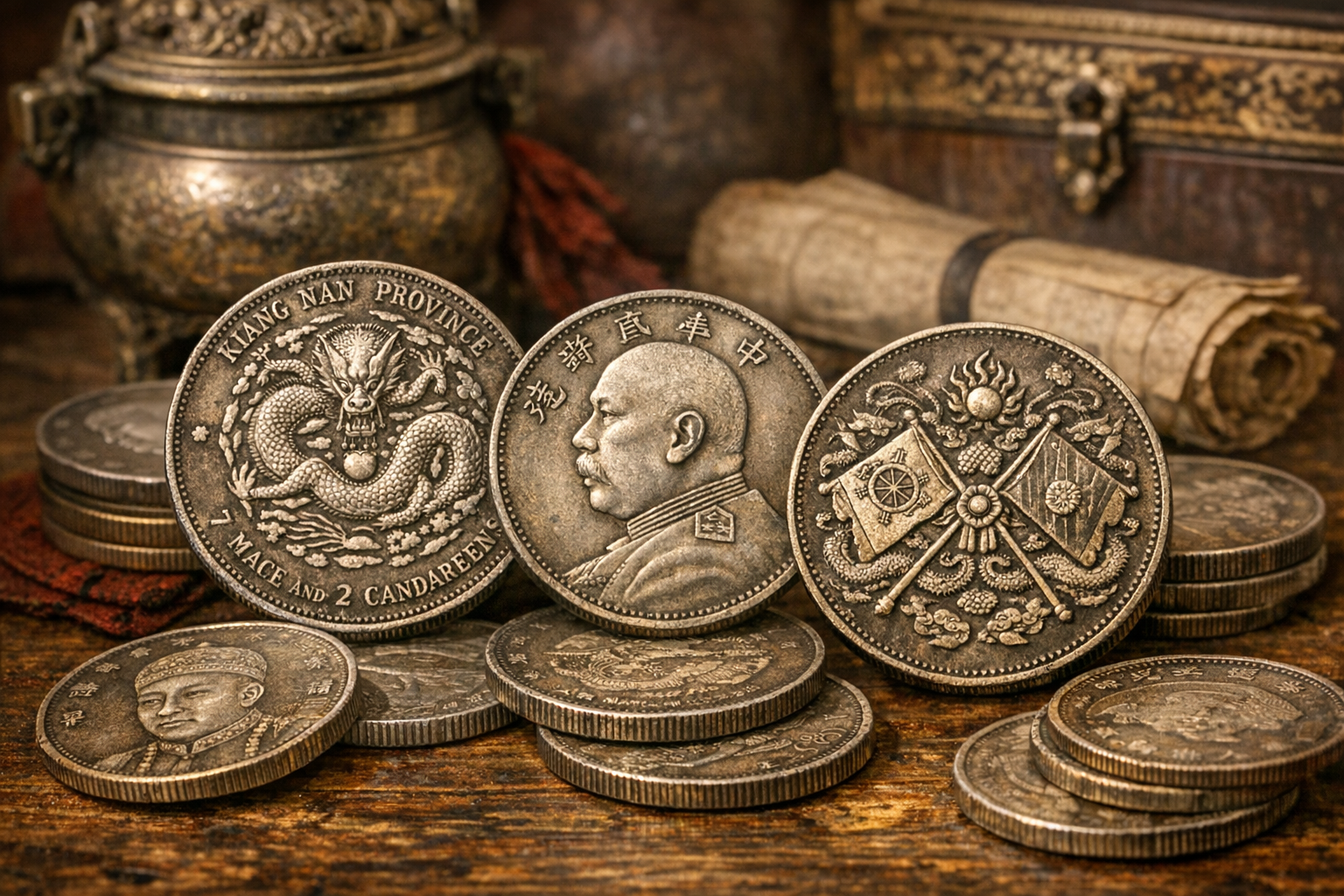 Generated reference image for documenting old Chinese silver coin value factors including dragon dollars, mint marks, date, weight, edge, grade, and authenticity concerns