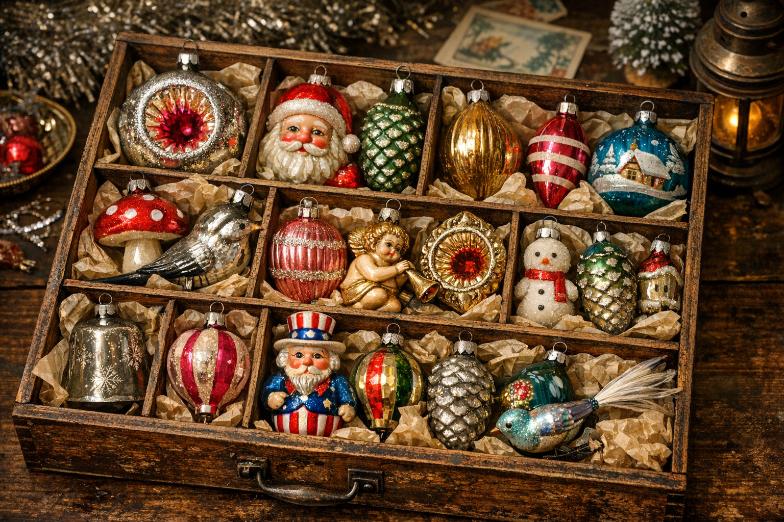 Generated reference image for documenting old Christmas ornament value factors including glass type, cap marks, decoration, rarity, box, set completeness, and condition