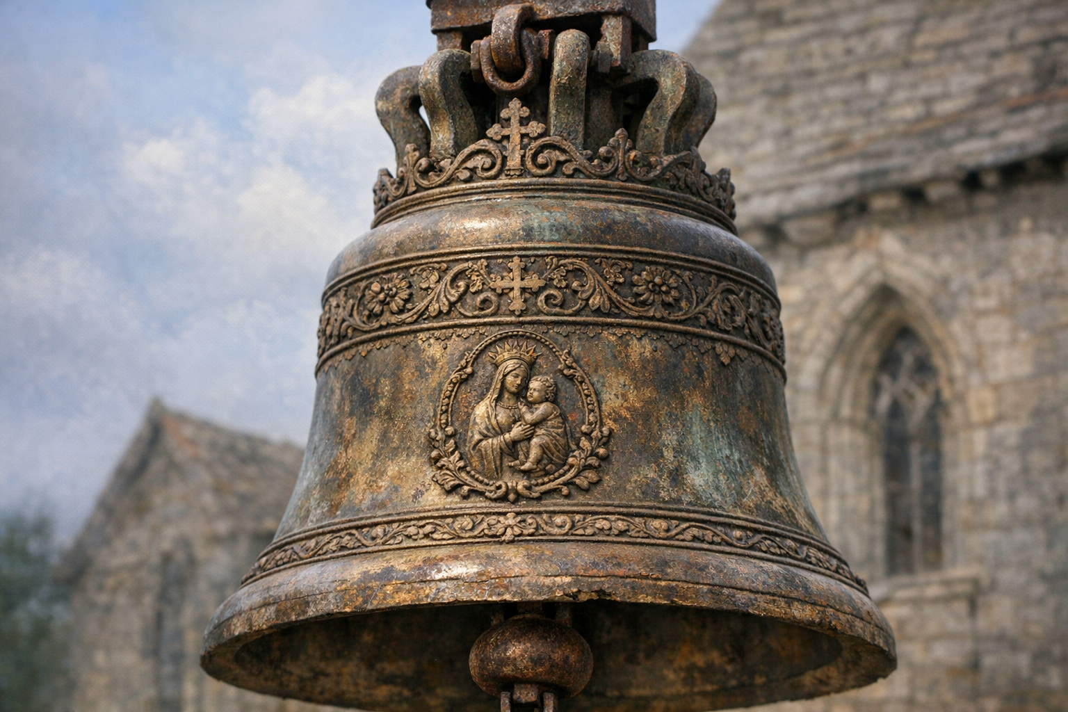 Generated reference image for documenting old church bell value factors including maker marks, inscriptions, metal, size, yoke, clapper, cracks, and condition