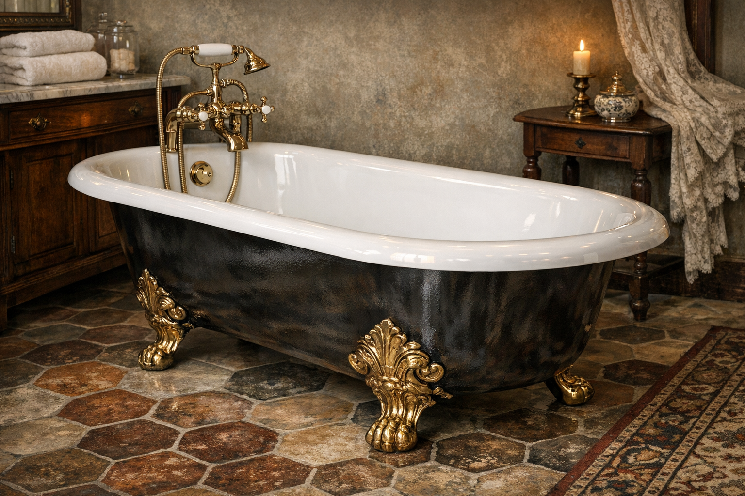 Generated reference image for documenting old clawfoot tub value factors including maker, foot style, enamel, fixtures, refinishing, rust, and condition