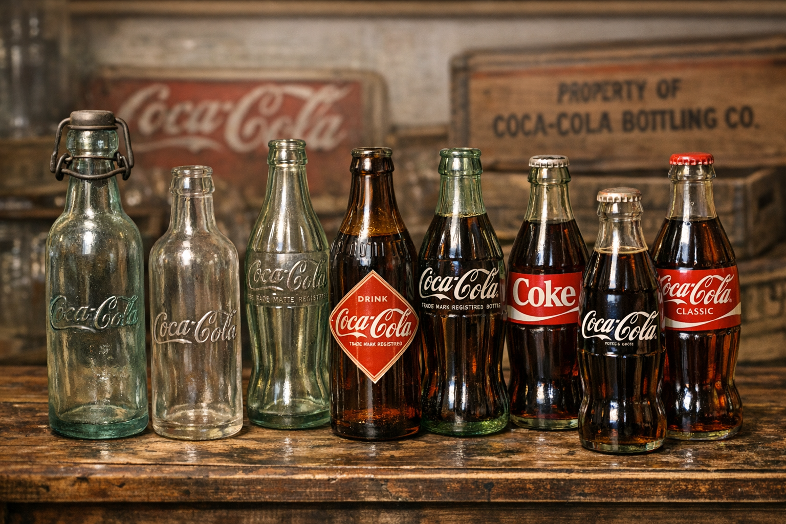 Generated reference image for documenting old Coca-Cola bottle value factors including shape, city, date codes, patent marks, glass color, embossing, and condition