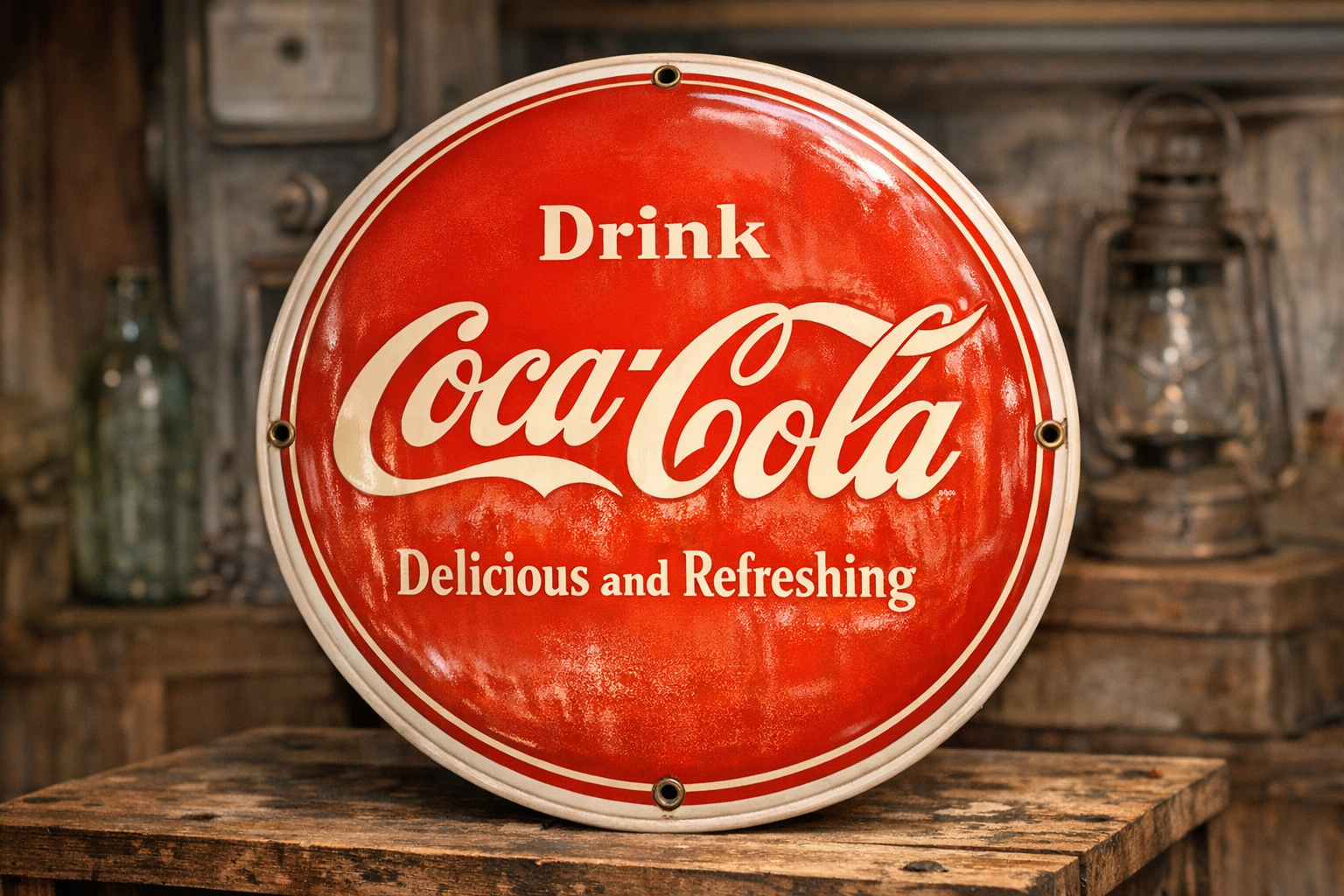 Generated reference image for documenting old Coca-Cola sign value factors including material, maker marks, size, graphics, mounting holes, finish, and condition