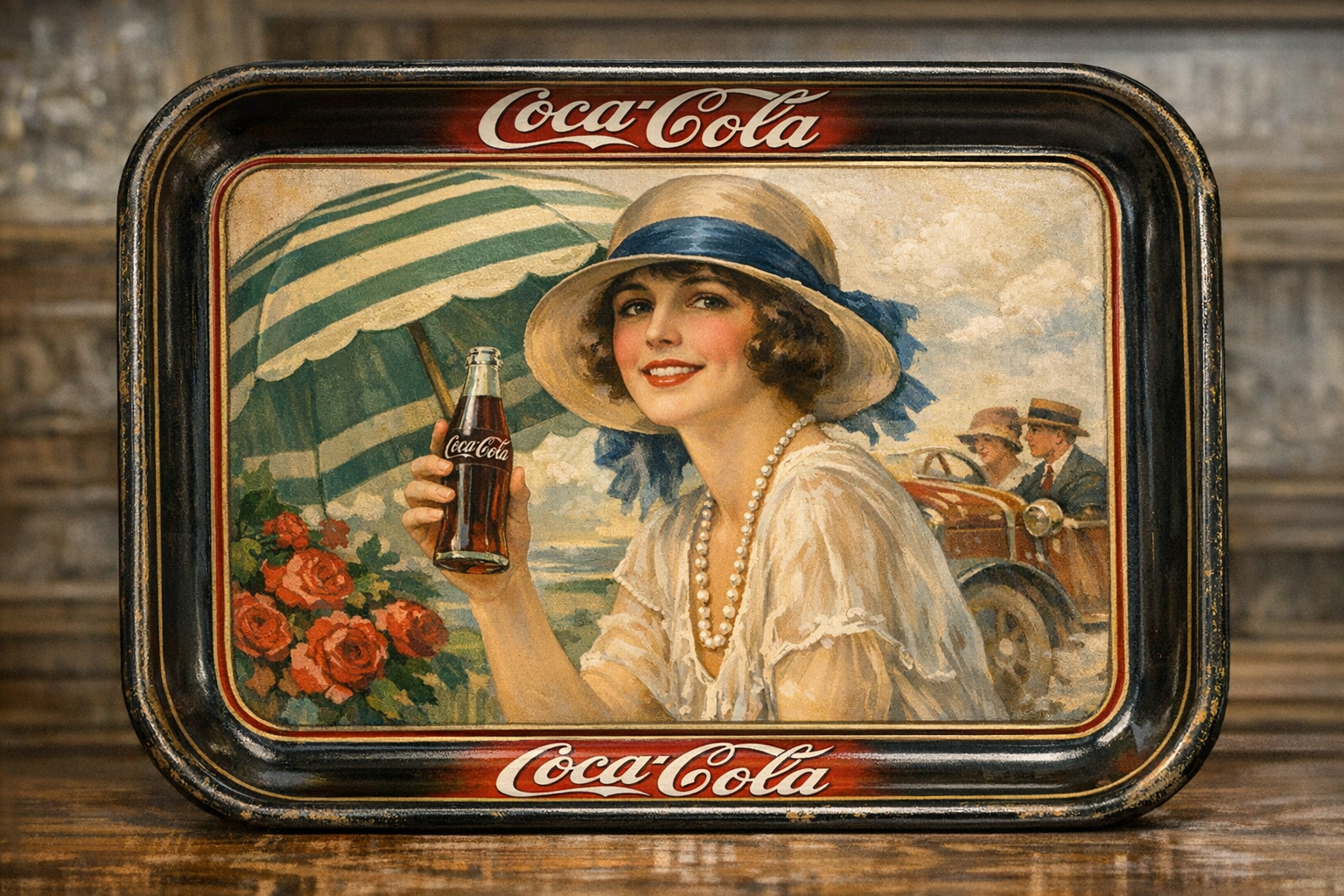 Generated reference image for documenting old Coca-Cola tray value factors including lithography, maker marks, slogans, rim wear, rust, repairs, rarity, and condition