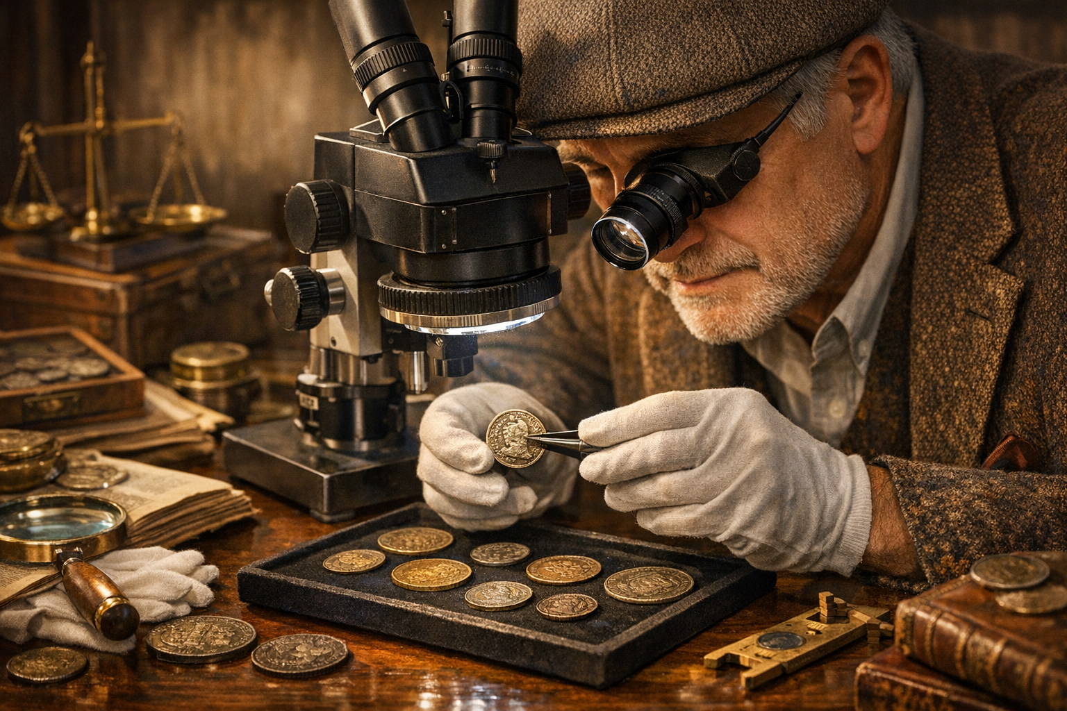 Generated reference image for documenting old coin appraisal factors including date, mint mark, metal, grade, wear, cleaning, certificates, and condition