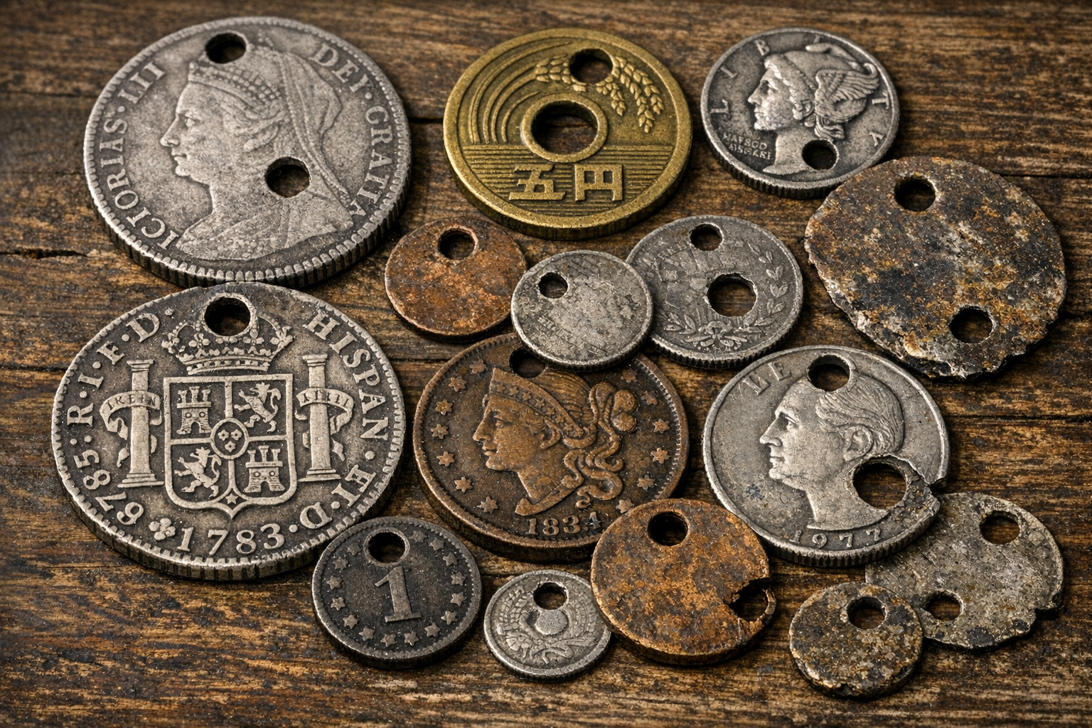Generated reference image for documenting holed coin value factors including date, mint mark, metal, rarity, hole placement, wear, cleaning, and condition