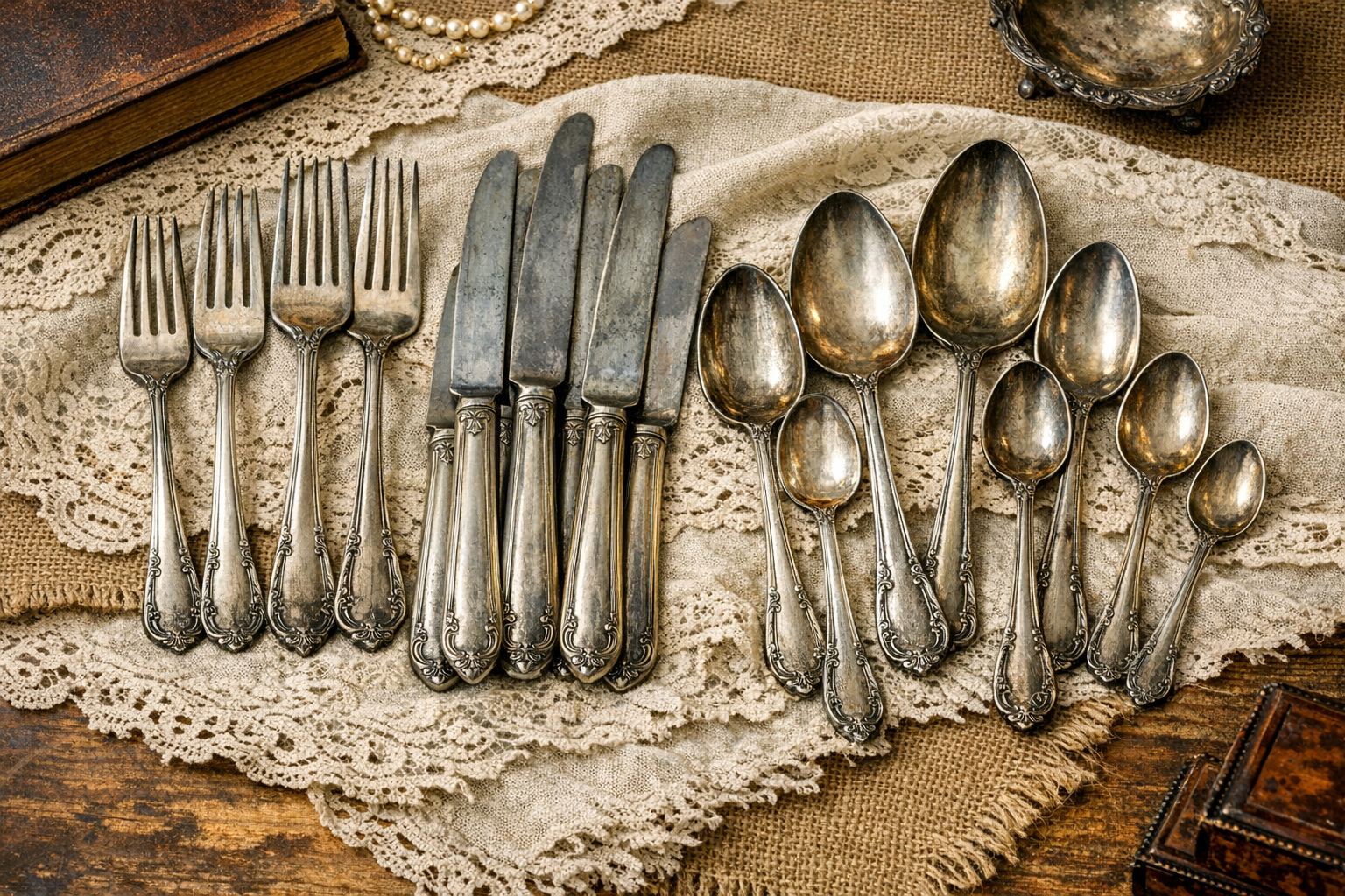 Generated reference image for documenting Old Company Plate silverware value factors including pattern, marks, set completeness, plating wear, monograms, box, and condition