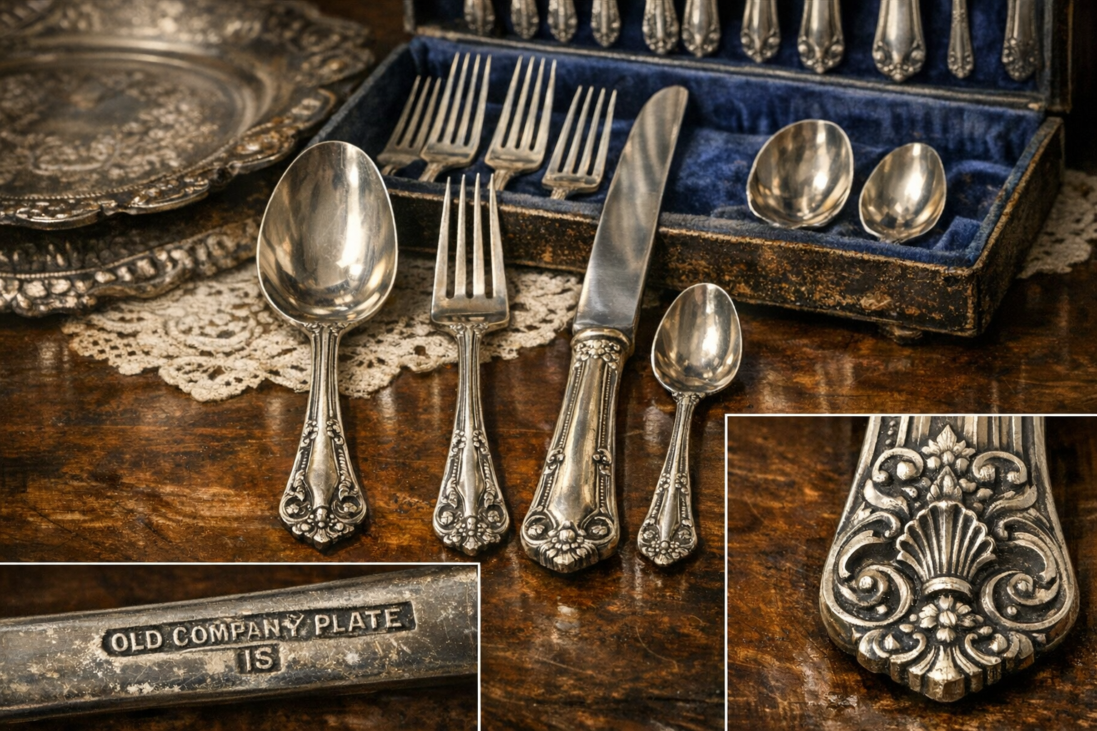 Generated reference image for documenting Old Company Plate value factors including marks, pattern, object type, set size, plating wear, monograms, repairs, and condition
