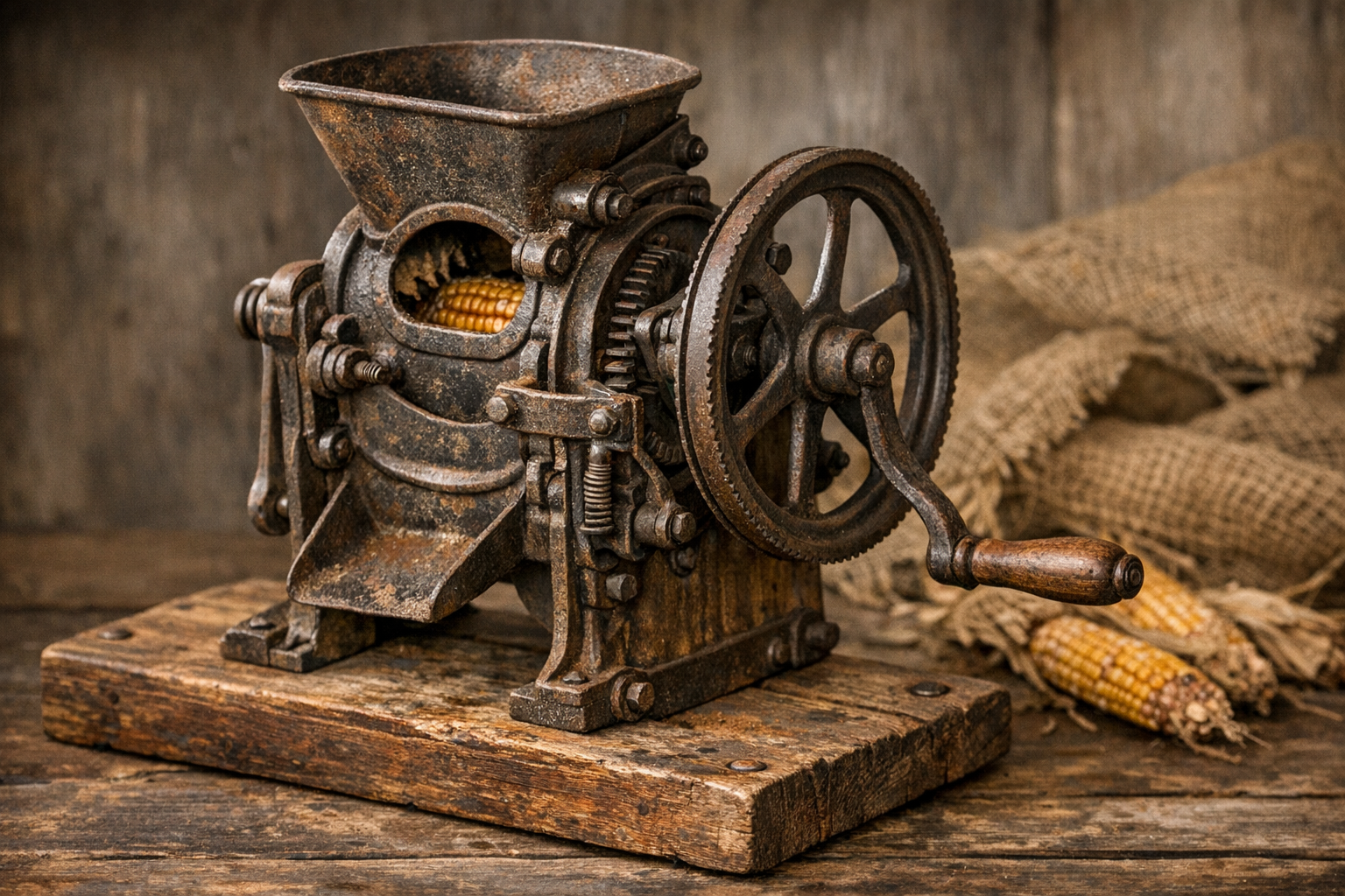 Generated reference image for documenting old corn sheller value factors including maker, patent dates, cast iron, wood parts, hand-crank mechanism, paint, completeness, and condition