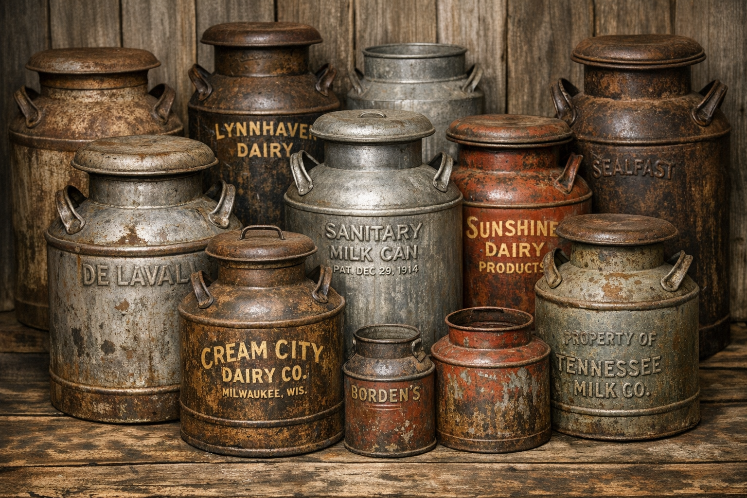 Generated reference image for documenting old cream can value factors including maker marks, dairy names, size, lid, handles, galvanized finish, dents, rust, repairs, and condition