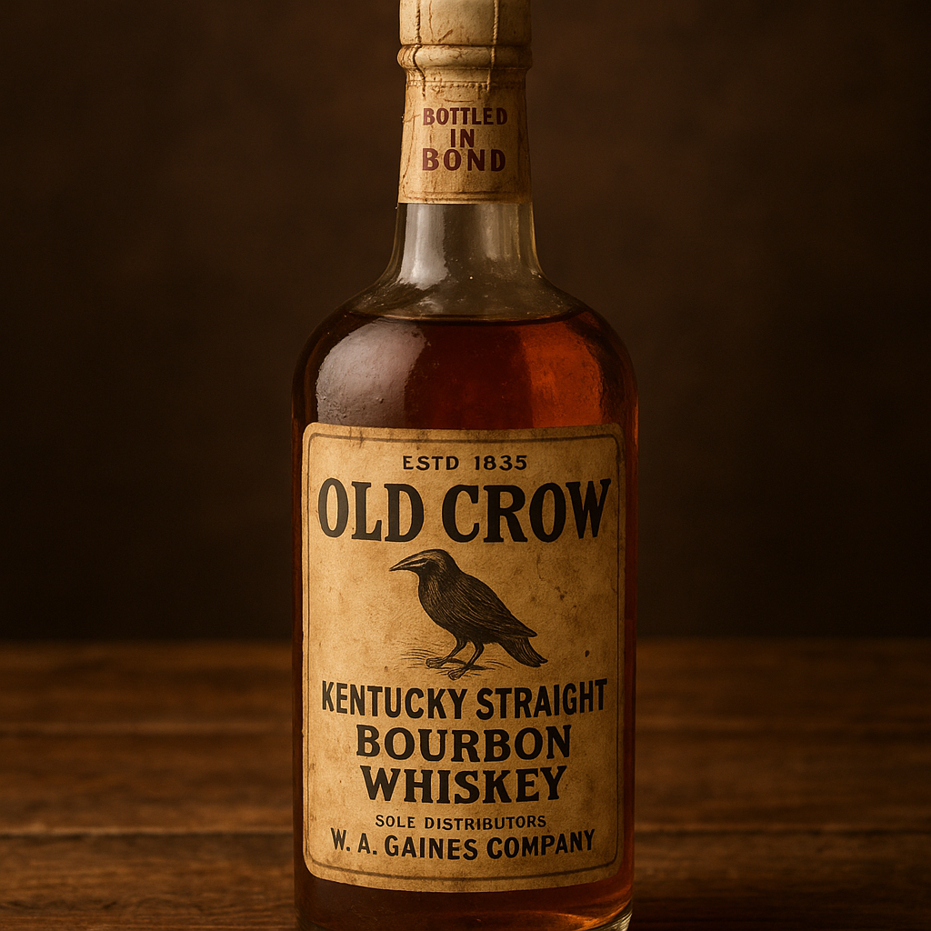 Generated reference image for documenting Old Crow whiskey bottle value factors including label style, tax stamp, seal, glass marks, fill level, closure, size, chips, and condition