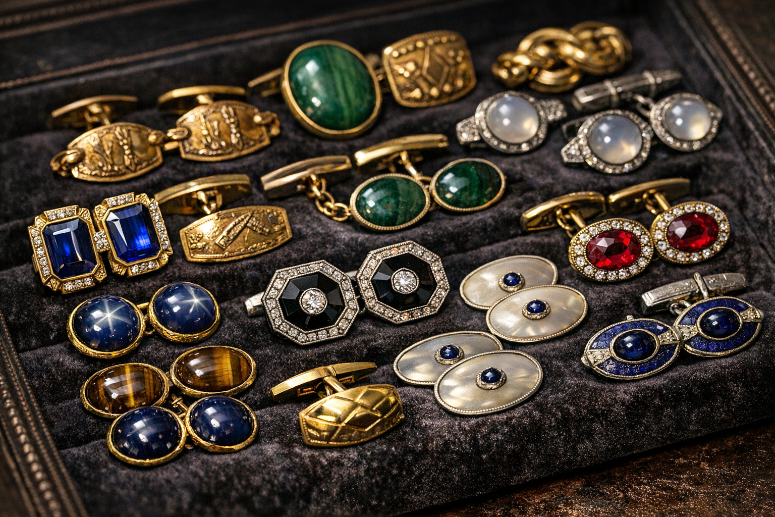 Generated reference image for documenting old cufflinks value factors including metal, hallmarks, maker marks, stones, enamel, mechanism, matched pairs, box, wear, and condition