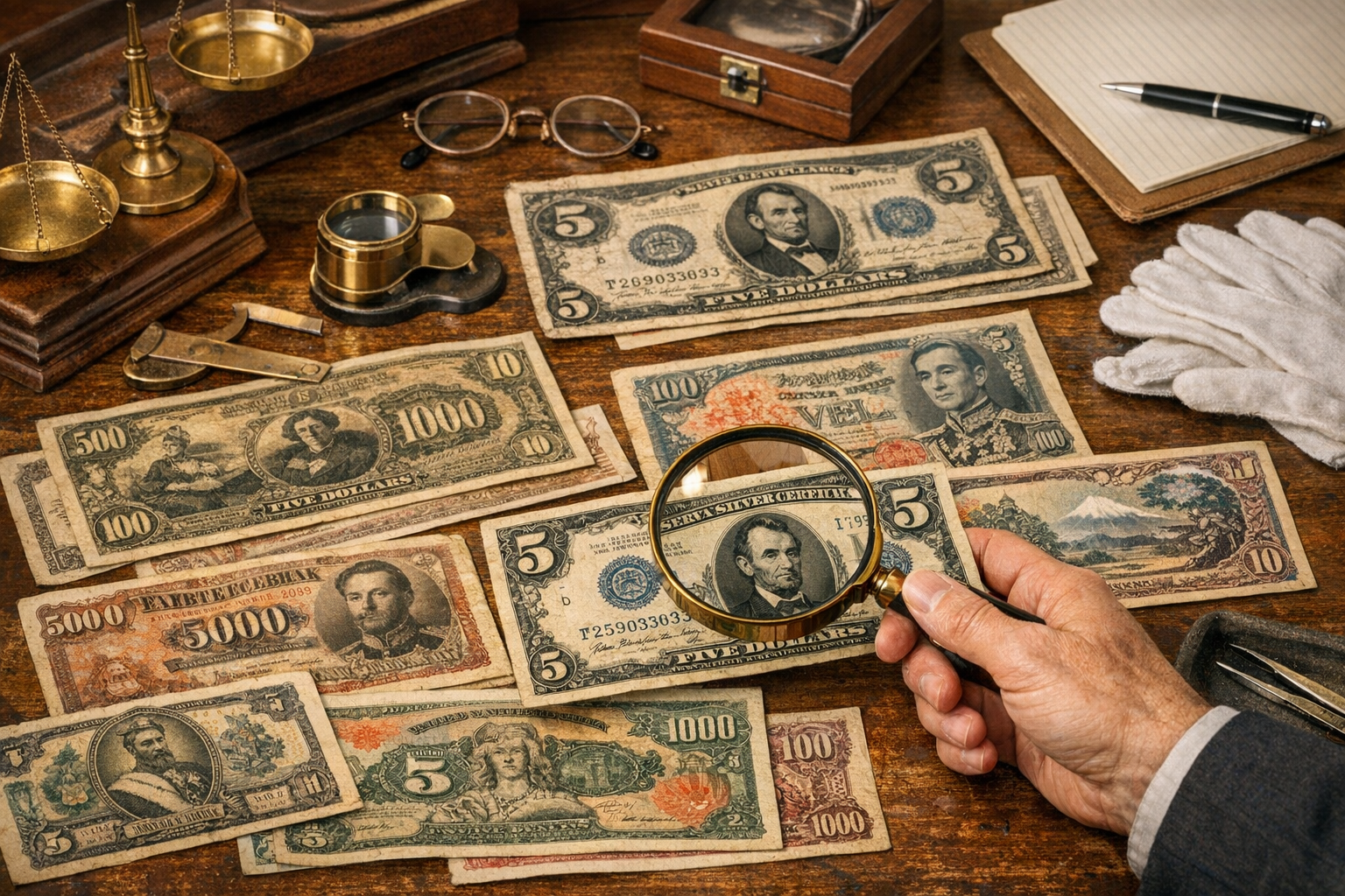 Generated reference image for documenting old currency appraisal factors including series, denomination, serial number, seal color, signatures, grade, folds, tears, stains, and rarity