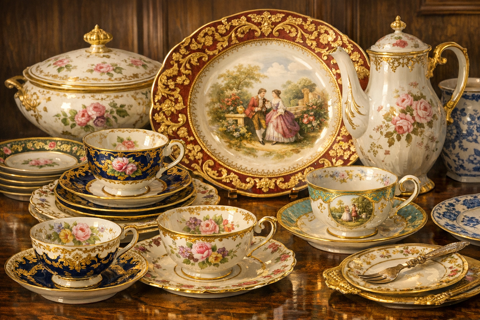 Generated reference image for documenting old dishes value factors including maker marks, pattern, material, age clues, set completeness, serving pieces, chips, crazing, repairs, and condition