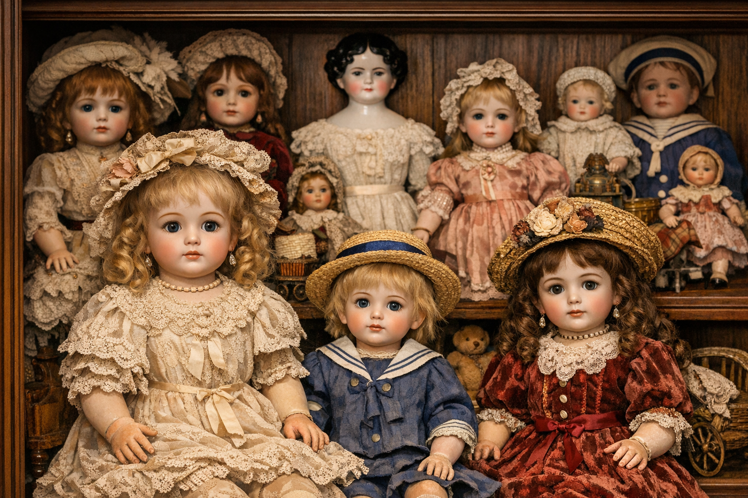 Generated reference image for documenting old doll value factors including maker marks, material, mold number, face, body, clothing, wig, eyes, repairs, originality, accessories, and condition