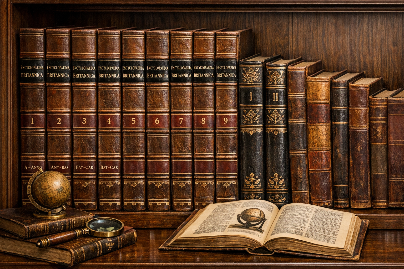 Generated reference image for documenting old encyclopedia value factors including edition, publisher, publication year, complete volumes, binding, illustrations, condition, demand, and sale context