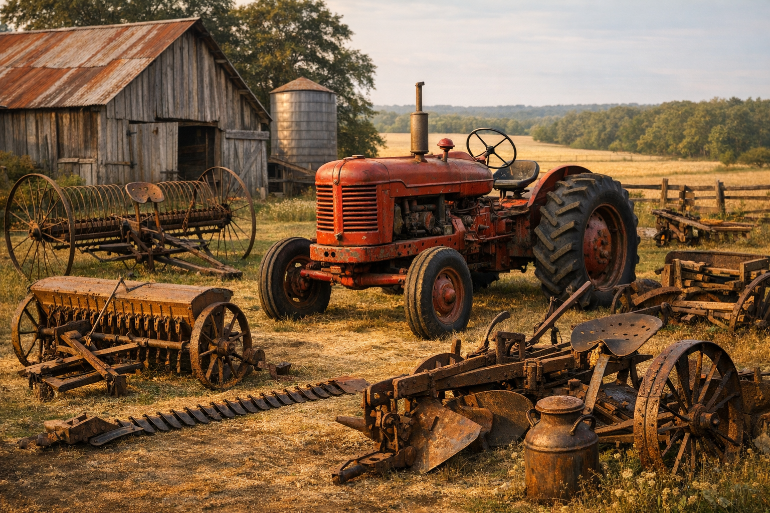 Generated reference image for documenting old farm equipment value factors including maker, model, serial plates, age, attachment type, completeness, working condition, repairs, paint, and demand