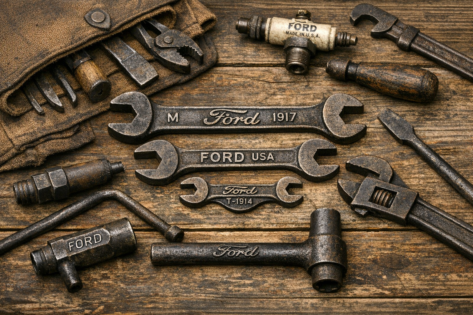Generated reference image for documenting old Ford tool identification factors including script marks, part numbers, wrench size, tool type, era clues, finish, wear, repairs, and set completeness
