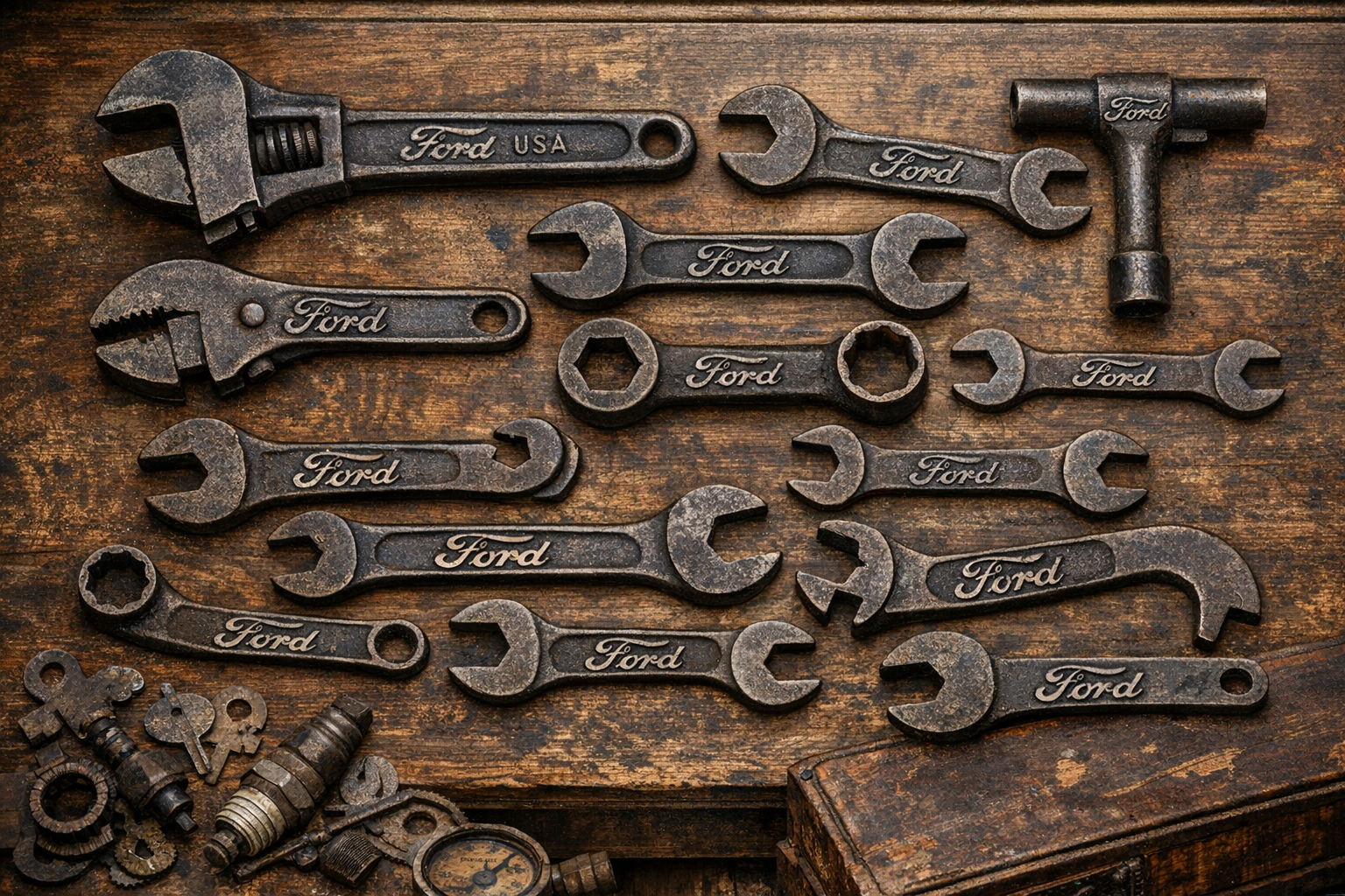 Generated reference image for documenting old Ford wrench value factors including script marks, part numbers, wrench size, Model T or Model A era clues, finish, wear, repairs, rarity, and condition