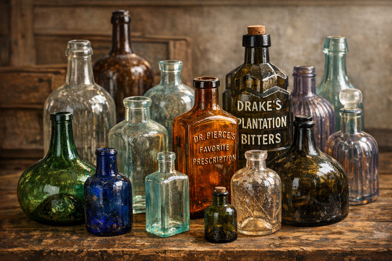 Generated reference image for documenting old glass bottle identification factors including mold seams, pontil marks, base numbers, embossing, glass color, lip shape, bubbles, wear, and condition