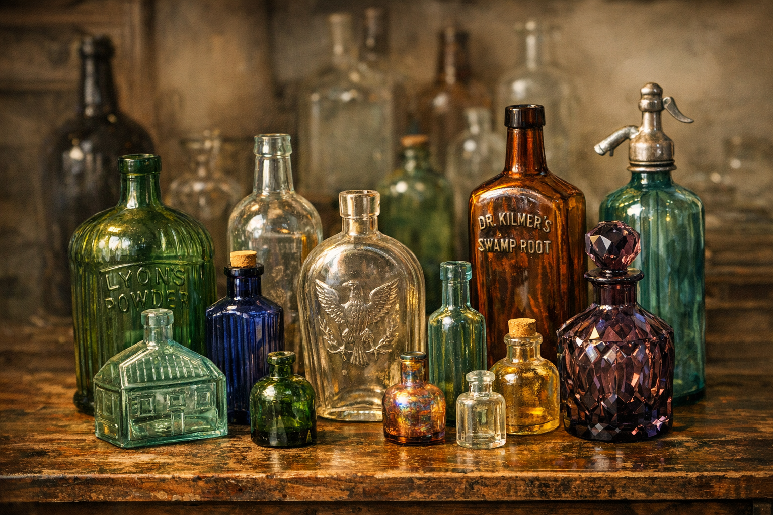 Generated reference image for documenting old glass bottle value factors including color, embossing, base marks, seam height, pontil marks, lip shape, labels, chips, staining, rarity, and condition